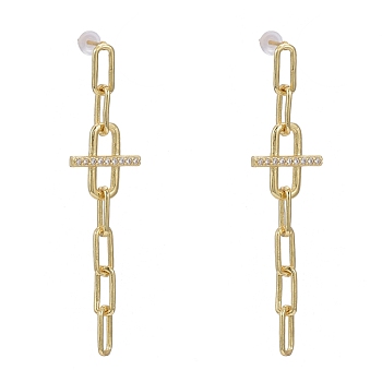 Brass Micro Pave Clear Cubic Zirconia Dangle Stud Earrings, with Ear Nuts, Long-Lasting Plated, Paperclip Chain, Real 18K Gold Plated, 52x13mm, Pin: 0.8mm