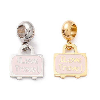 304 Stainless Steel European Dangle Charms, Large Hole Pendants, with Enamel, Bag & Word I Love Travel, Golden & Stainless Steel Color, 22mm, Hole: 4.5mm