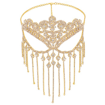 Iron Headwear Masquerade Masks, Crystal Rhinestone Tassel Eye Mask, with Lobster Claw Clasp & Chain Extender, for Party Costume Accessories, Golden, 590mm