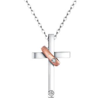 Stainless Steel Cross with Word Cover me with Love Pendant Necklace, Rose Gold, 17.52 inch(44.5cm), , Pendant: 24x14.5mm