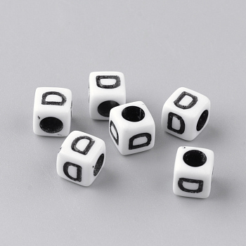 Opaque Acrylic Beads, Horizontal Hole, Letter Style, Cube, Letter.D, 6x6x6mm, Hole: 3mm, about 300pcs/50g