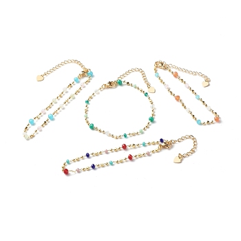 Brass Ball Chains Bracelets, with Glass Beads, Mixed Color, 7-1/4 inch(18.5cm)