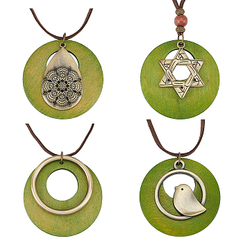 4Pcs 4 Styles Tibetan Style Alloy Pendant Necklaces Set with Faux Suede Cords, Star & Flower & Bird & Flat Round, Antique Bronze, 31.50~33.07 inch(80~84cm), 1Pc/style