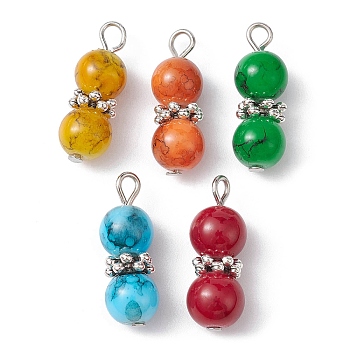 Mixed Color Glass Round Beaded Pendant, with Alloy and Iron Findings, Gourd Charms, Golden, 23.5x8mm, Hole: 3.2mm