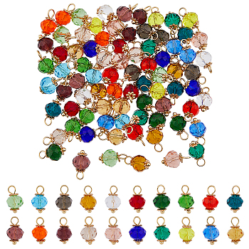 100Pcs 20 Colors Electroplate Transparent Glass Charms, Faceted Rondelle Charms with Golden Tone 304 Stainless Steel Loops, Mixed Color, 13x8mm, Hole: 2.5mm, 5Pcs/color