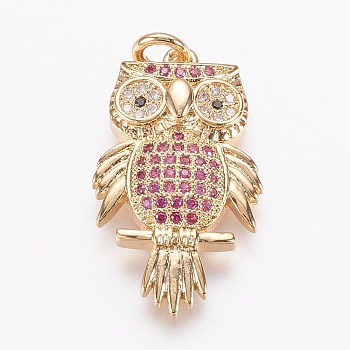 Brass Micro Pave Cubic Zirconia Pendants, Cadmium Free & Nickel Free & Lead Free, Owl, Real 18K Gold Plated, 24.5x14.5x4.5mm, Hole: 3mm