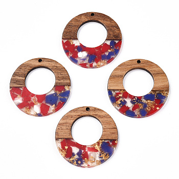 Transparent Resin & Walnut Wood Pendants, with Gold Foil, Donut Charms, Red, 38x3mm, Hole: 2mm