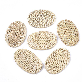 Handmade Reed Cane/Rattan Woven Beads, For Making Straw Earrings and Necklaces, No Hole/Undrilled, Oval, Antique White, 55~65x40~45x4~6mm