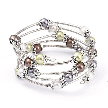 Five Loops Fashion Wrap Bracelets, with Shell Pearl Beads, 304 Stainless Steel Beads and Steel Memory Wire, Colorful, Inner Diameter: 2-1/4 inch(5.7cm)