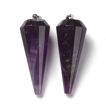 Natural Amethyst Pendants, with Brass Findings, Faceted, Cone/Spike/Pendulum, Platinum, 42~44x15~16mm, Hole: 3.6x4mm