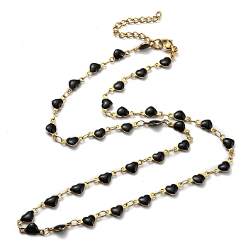 Ion Plating(IP) Golden 304 Stainless Steel Heart Link Chain Necklaces, with Enamel, Black, 17.72~17.91 inch(45~45.5cm)