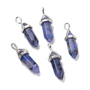 Natural Blue Sesame Jasper Pendants, Faceted, with Platinum Tone Brass Findings, Lead free & Cadmium Free, Dyed, Bullet, 27~30x9~10x7~8mm, Hole: 4x3mm