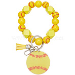 1Pc Printed Acrylic & Faux Suede Tassel Pendant & Wood Bead Keychains, with Iron Split Key Rings and Alloy Swivel Clasps, Platinum, Baseball, 155mm(HJEW-SP0001-86B)