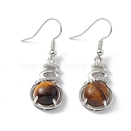 Natural Tiger Eye Gourd Dangle Earrings with Crystal Rhinestone, Platinum Brass Jewelry for Women, 39mm, Pin: 0.6mm(EJEW-A092-04P-08)