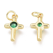Brass Micro Pave Cubic Zirconia Tiny Cross Charms, with Jump Rings, Golden, Green, 12.5x7.5x2.5mm, Hole: 1.5mm, Jump rings: 3.5x0.8mm(KK-M206-28G-02)
