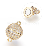Brass Micro Pave Cubic Zirconia Magnetic Clasps with Loops, N50 Grade Strong Magnet, Long-Lasting Plated, Real 18K Gold Plated, Cadmium Free & Nickel Free & Lead Free, Round, 14x10mm, Hole: 1mm(ZIRC-E120-05G-10mm-NR)