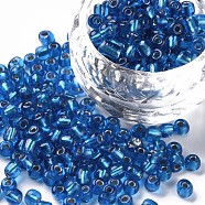 6/0 Glass Seed Beads, Silver Lined Round Hole, Round, Steel Blue, 6/0, 4mm, Hole: 1.5mm, about 500pcs/50g, 50g/bag, 18bags/2pounds(SEED-US0003-4mm-23B)