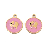 Ion Plating(IP) 316 Stainless Steel Enamel Pendants, Flat Round with Elephant Pattern Charm, Real 18K Gold Plated, Pearl Pink, 18x15x1.5mm, Hole: 2mm(STAS-U014-61G-02)