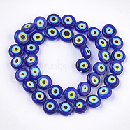 Handmade Evil Eye Lampwork Beads Strands, Flat Round, Dark Blue, 9.5x3.5mm, Hole: 1.2mm, about 38pcs/strand, 14.1 inch~14.5 inch.(X-LAMP-S191-02C-15)