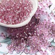 Glass Seed Beads, Silver Lined, Round Hole, Round, Pink, 4x3mm, Hole: 1.2mm, 6429pcs/pound(SEED-H002-C-A041)