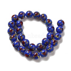 Handmade Lampwork Beads Strands, Round with Flower Pattern, Medium Blue, 16mm, Hole: 1.5~1.8mm, about 27~28pcs/strand, 16.14~16.93''(41~43cm)(LAMP-G162-08B-06)