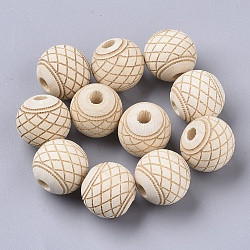 Unfinished Natural Wood European Beads, Large Hole Beads, Lead Free, Laser Engraved Pattern, Round with Flower Grid Pattern, Moccasin, 15.5x14.5mm, Hole: 4mm(WOOD-T025-001D-LF)