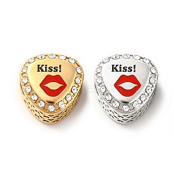 304 Stainless Steel European Beads, Large Hole Beads, with Rhinestone and Enamel, Teardrop & Word Kiss, Mixed Color, 11.7x12x8.2mm, Hole: 4mm(STAS-I191-18)