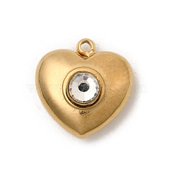 304 Stainless Steel Rhinestone Pendants, High Polished Heart Charms, Ion Plating(IP), Real 18K Gold Plated, 10.5x10x5mm, Hole: 1mm(STAS-P431-02G)
