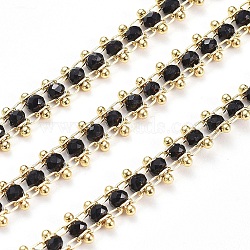 3.28 Feet Handmade Faceted Glass Beaded Chains, Unwelded, with Golden Tone Brass Findings, Long-Lasting Plated, Black, Beads: 6.5x3mm(X-CHC-G003-B03)