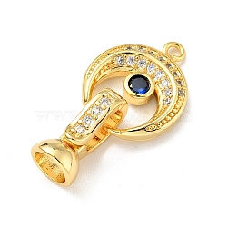 Rack Plating Brass Micro Pave Clear & Blue Cubic Zirconia Fold Over Clasps, Cadmium Free & Lead Free, Long-Lasting Plated, Moon, Golden, Moon: 17x14x2.5mm, hole:1.5mm, Clasp: 14x7x7mm, Inner Diameter: 4.8mm(KK-E034-53G)