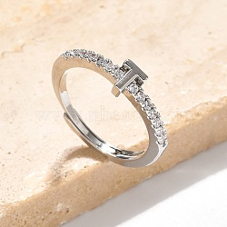 S925 Sterling Silver Adjustable Letter Rings for Women, with Micro Pave Cubic Zirconia, Letter T, 2mm,US Size 5 1/2(16.1mm), Letter: 5x4.5mm(RJEW-M068-01P-T)