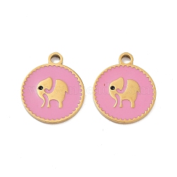 Ion Plating(IP) 316 Stainless Steel Enamel Pendants, Flat Round with Elephant Pattern Charm, Real 18K Gold Plated, Pearl Pink, 18x15x1.5mm, Hole: 2mm(STAS-U014-61G-02)