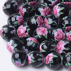 Printed & Spray Painted Glass Beads, Round with Flower Pattern, Black, 10~10.5x9.5mm, Hole: 1.6mm(GLAA-S047-03B-01)