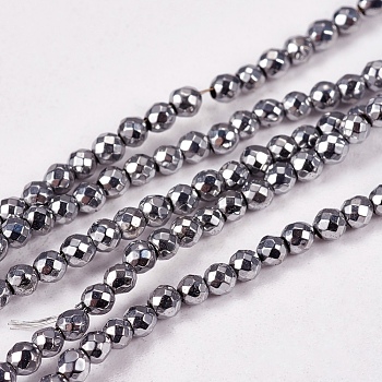 Electroplate Non-magnetic Synthetic Hematite Beads Strands, Faceted, Round, Grade AAAA, Platinum Plated, 2mm, Hole: 0.5mm, about 200pcs/strand, 16 inch