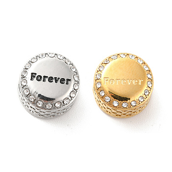 304 Stainless Steel European Beads, with Enamel & Rhinestone, Large Hole Beads, Flat Round with Word Forever, Golden & Stainless Steel Color, 12x8mm, Hole: 4mm