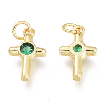 Brass Micro Pave Cubic Zirconia Tiny Cross Charms, with Jump Rings, Golden, Green, 12.5x7.5x2.5mm, Hole: 1.5mm, Jump rings: 3.5x0.8mm