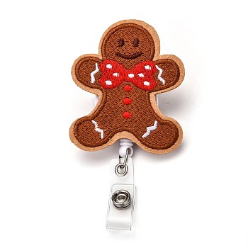 Christmas Gingerbread Man Felt & ABS Plastic Badge Reel, Retractable Badge Holder, with Iron Alligator Clip, Platinum, Chocolate, 11cm, Gingerbread Man: 70x57x25mm