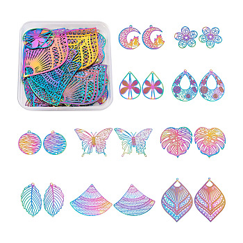 201 Stainless Steel Filigree Pendants, Etched Metal Embellishments, Mixed Shapes, Rainbow Color, 40pcs/box
