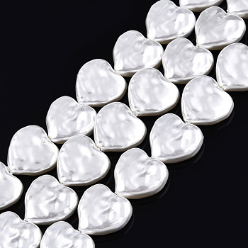 ABS Plastic Imitation Pearl Beads Strands, Heart, Creamy White, 13.5x14x5mm, Hole: 0.6mm, about 30pcs/strand, 15.55 inch~15.75 inch(39.5~40cm)