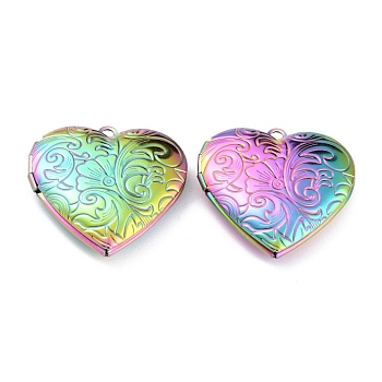 304 Stainless Steel Locket Pendants, Photo Frame Pendants for Necklaces, Heart with Flower, Rainbow, Mixed Color, 29x28.5x7mm, Hole: 2.1mm