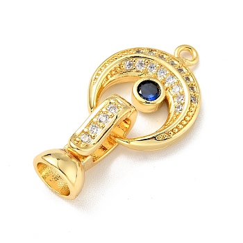 Rack Plating Brass Micro Pave Clear & Blue Cubic Zirconia Fold Over Clasps, Cadmium Free & Lead Free, Long-Lasting Plated, Moon, Golden, Moon: 17x14x2.5mm, hole:1.5mm, Clasp: 14x7x7mm, Inner Diameter: 4.8mm