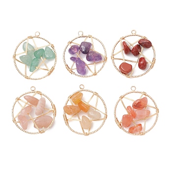 Natural Mixed Gemstone Nuggets Copper Wire Wrapped Flat Round Pendants, Pentagram Charms, Golden, 29x25x6~10mm, Hole: 1.8mm