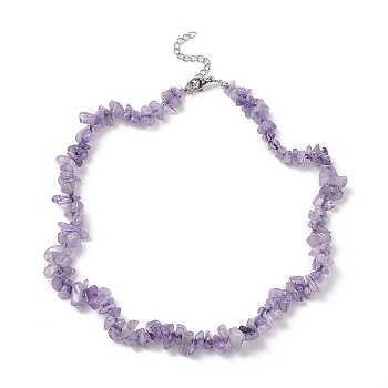 Natural Amethyst Chips Beaded Necklaces, 304 Stainless Steel Jewelry for Women, 15.24''(38.7cm)