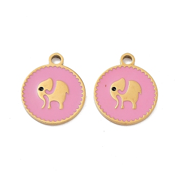 Ion Plating(IP) 316 Stainless Steel Enamel Pendants, Flat Round with Elephant Pattern Charm, Real 18K Gold Plated, Pearl Pink, 18x15x1.5mm, Hole: 2mm