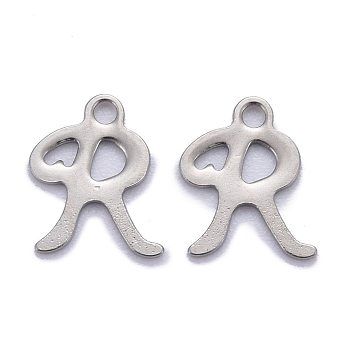 304 Stainless Steel Pendants, Alphabet, Stainless Steel Color, Letter.R, 11x8.5x1mm, Hole: 1.5mm