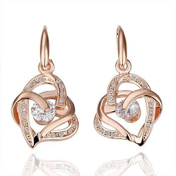Exquisite Tin Alloy Czech Rhinestone Heart Dangle Earrings For Women, Rose Gold, 39x21mm