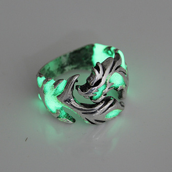 Luminous Alloy Dragon Open Cuff Ring, Glow In The Dark Chunky Ring for Men Women, Antique Silver, US Size 10(19.8mm)