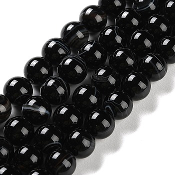 Natural Striped Agate/Banded Agate Beads Strands, Dyed, Round, Black, 10mm, Hole: 1.2mm, about 19pcs/strand, 7.60''(19.3cm)