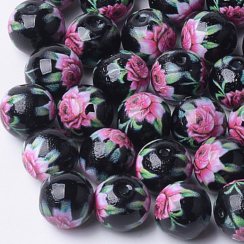 Printed & Spray Painted Glass Beads, Round with Flower Pattern, Black, 10~10.5x9.5mm, Hole: 1.6mm