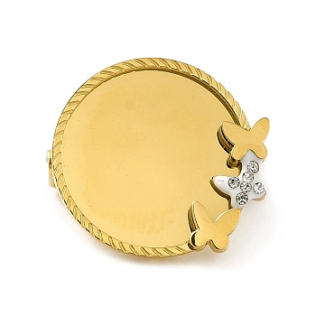 Vacuum Plating 304 Stainless Steel Brooch Base Settings, Polymer Clay & Rhinestone Flat Round with Butterfly, Golden, 18x18.5x2.5mm, Tray: 15.5x14mm